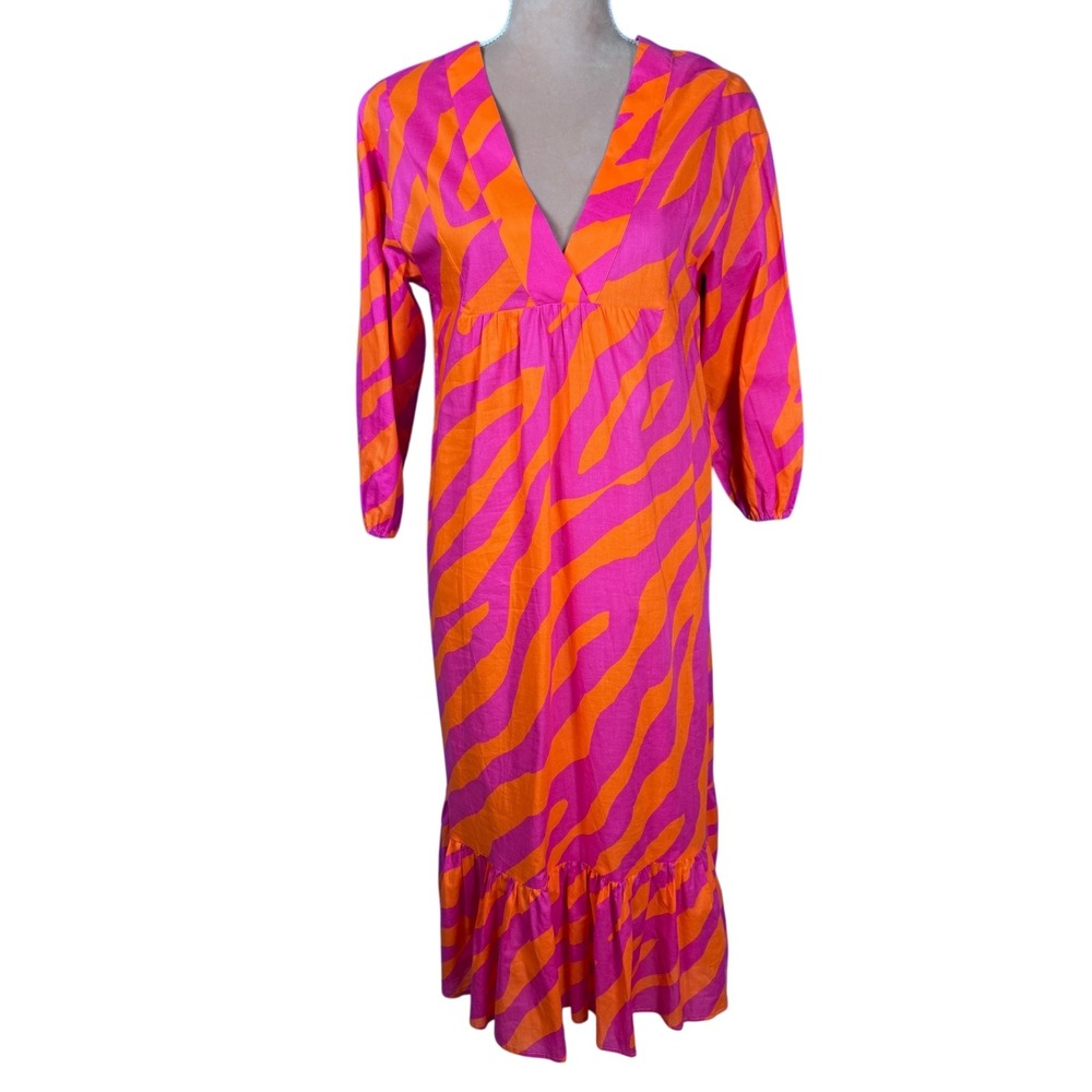 Vilagallo Zebra Print Midi Dress Womens 38 US 6 Pink Orange Cotton Ruffle Hem